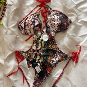 Fashion Nova Multicolor Animal Print One-Piece with Red Ties